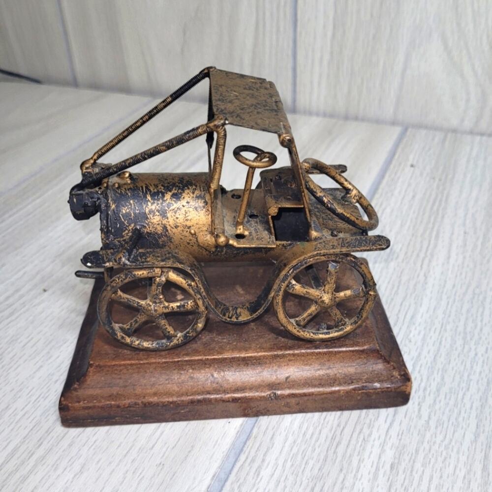 Vintage Scrap Metal Art Antique Car Automobile Brass On Wood Shelf Sitter